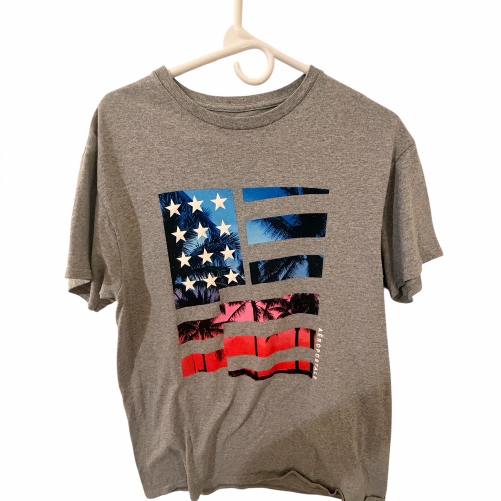 Aeropostale Gray T-Shirt with Flag and Palm Design
